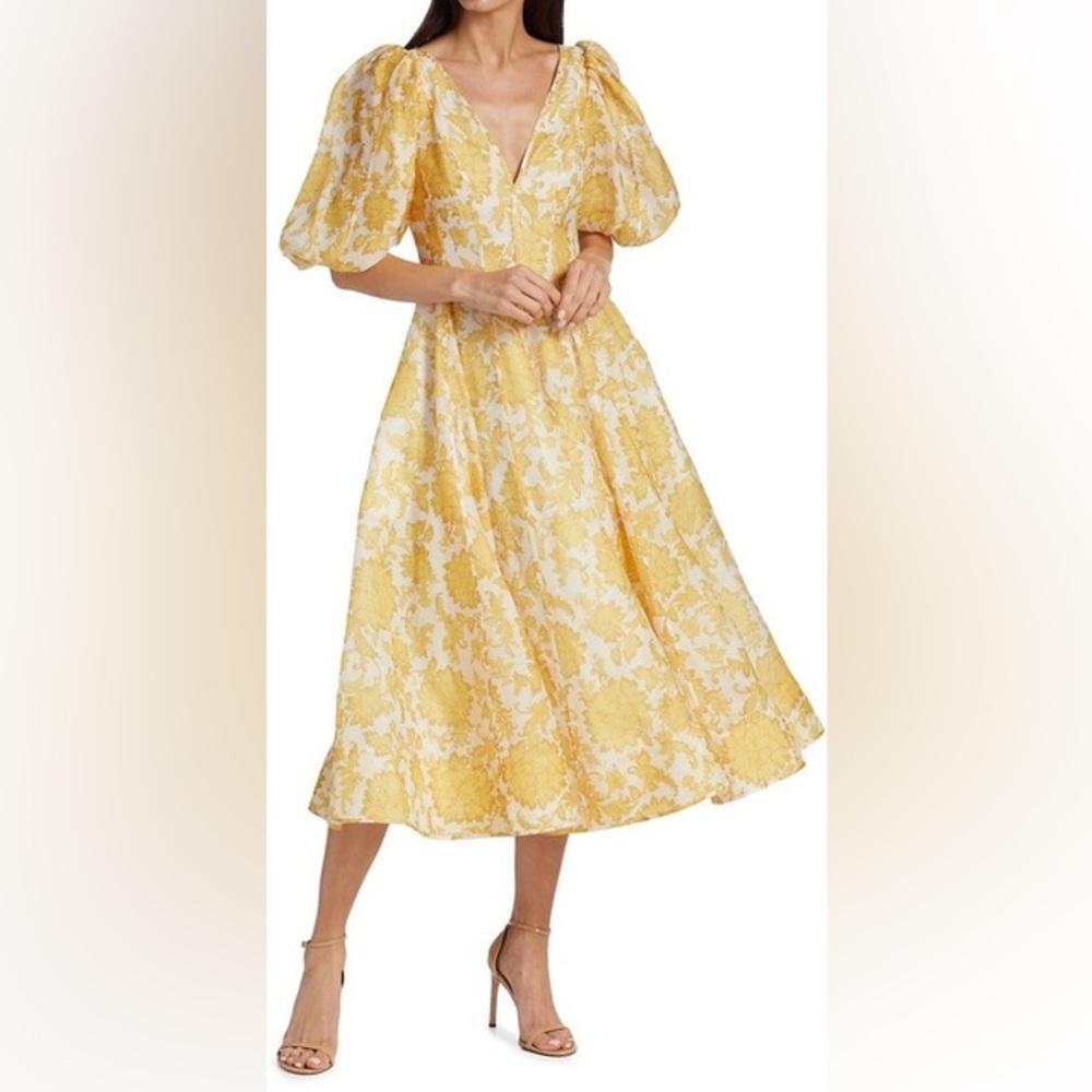 ZIMMERMANN POSTCARD PUFF SLEEVE MIDI DRESS YELLOW TONAL FLORAL SIZE 0